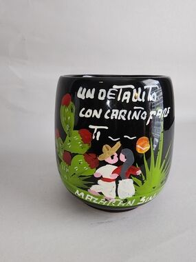Hand-Painted Black Ceramic Planter with Cactus and Couple Design